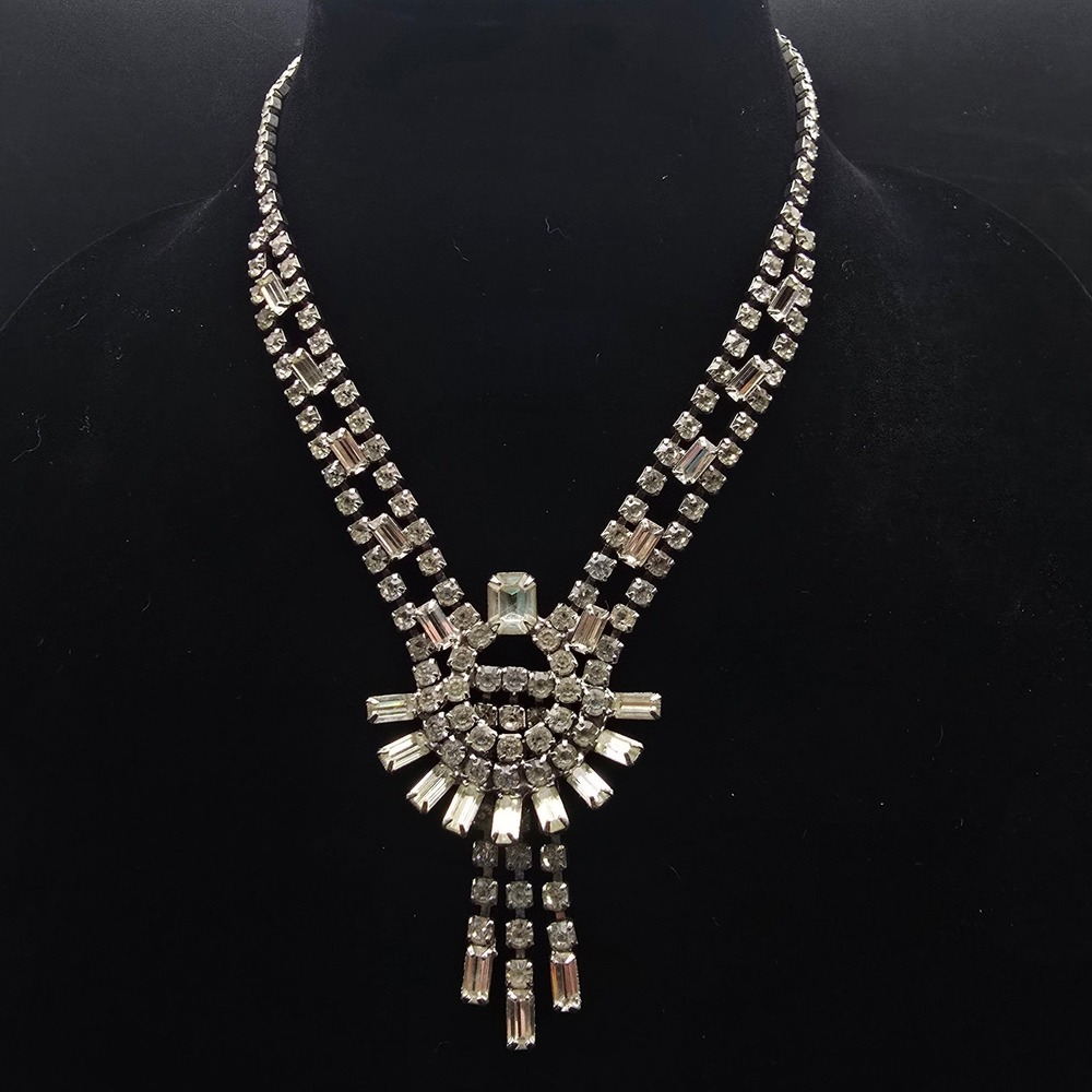 Clear Rhinestone Waterfall Necklace Vintage Glam Costume Jewelry